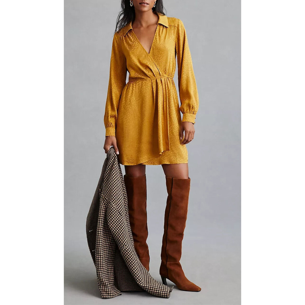 Anthropologie Long Sleeve Mini Dress Bronze Leopard Print Faux Wrap Size Small - Picture 1 of 16